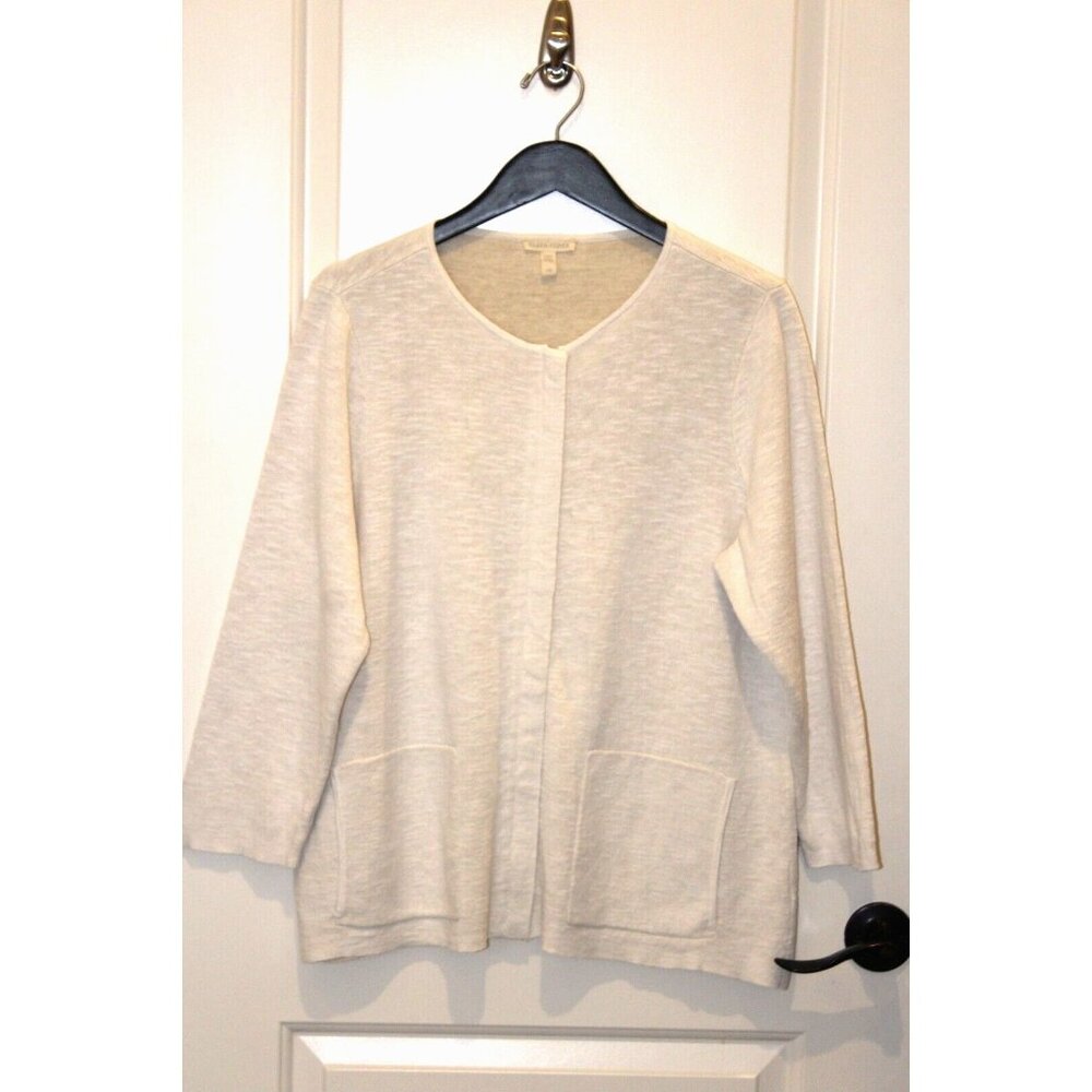 Eileen Fisher Size L Organic Cotton Linen Zip Up Sweater White Cream Minimalist